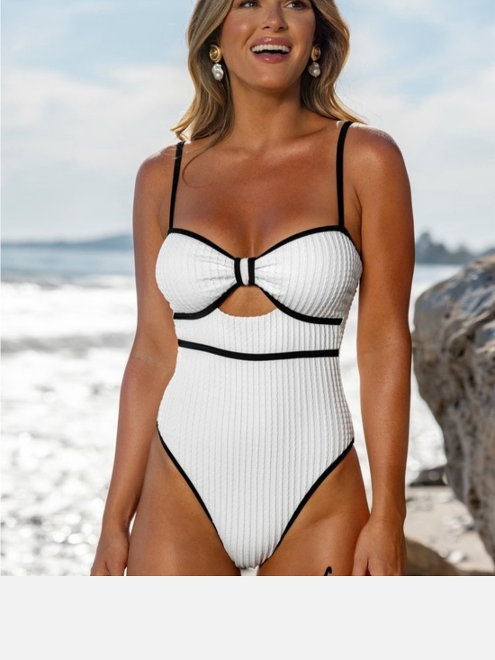 Cupshe White Ribbed One-Piece Swimsuit with Black Trim